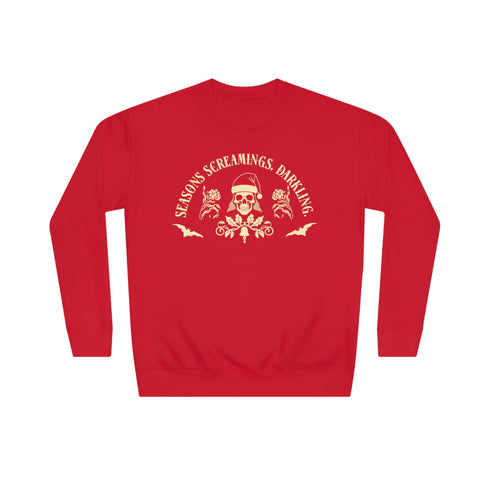 A Christmas sweatshirt with "SEASONS SCREAMINGS, DARKLING" text arched over a skull wearing Santa hat. Bats, flowers, and ornate designs surround the skull in vintage-inspired style.